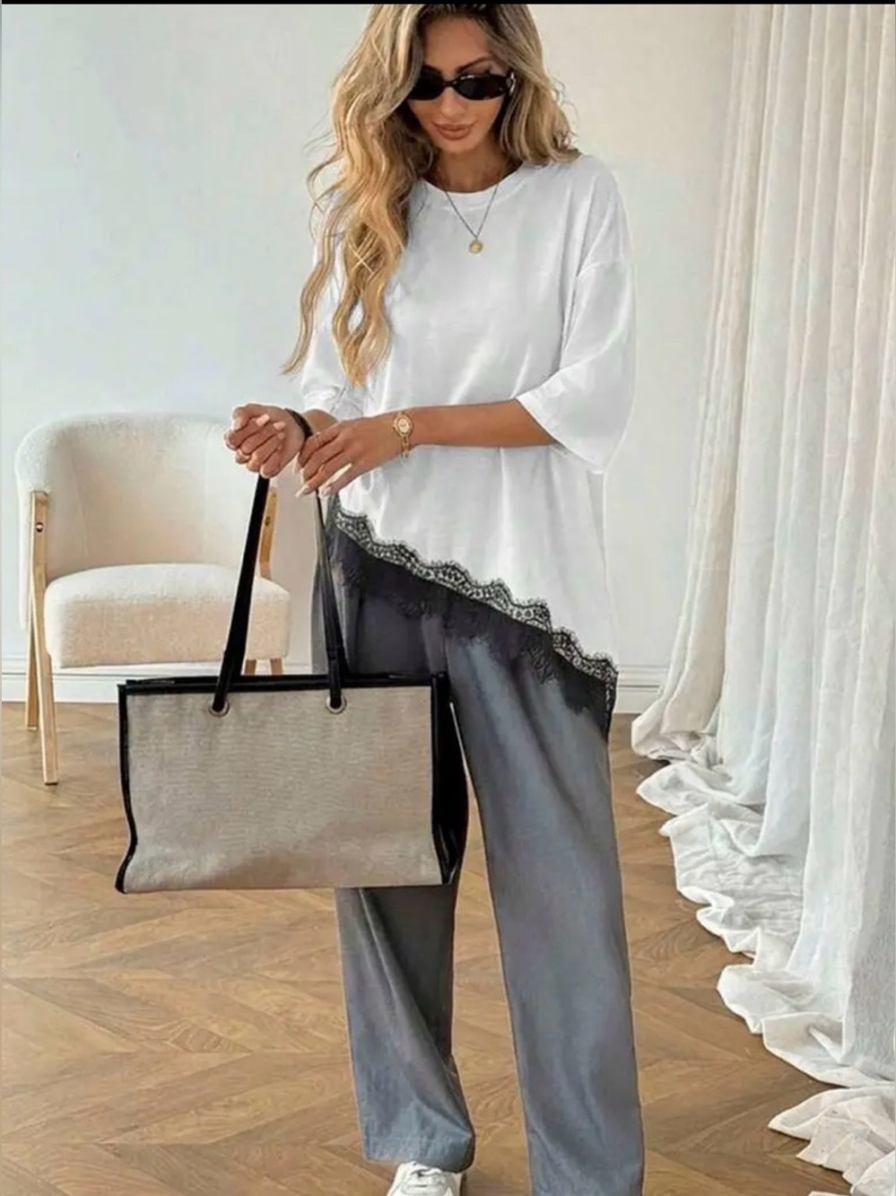Relaxed White Lace-Hem Top